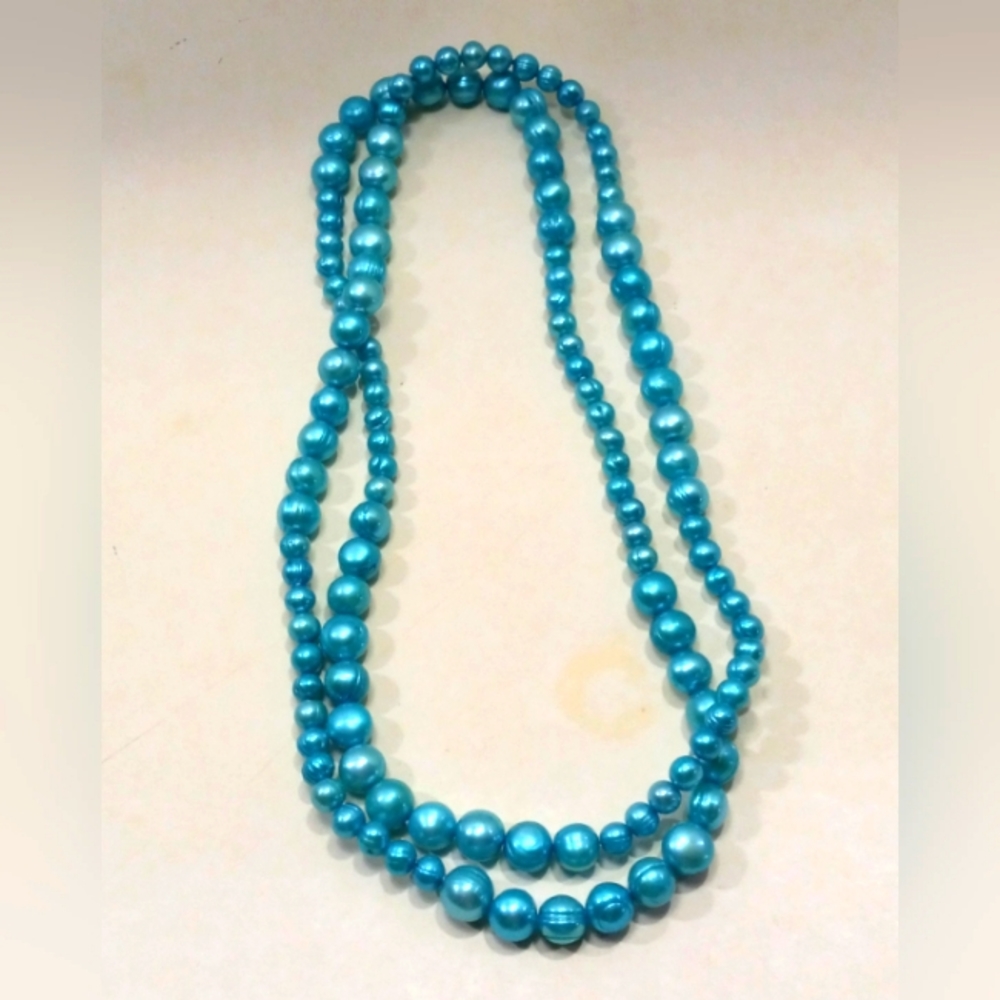 Blue Pearl Necklace 39" Graduated Potato Pearls 6mm-10.5mm Long Dyed